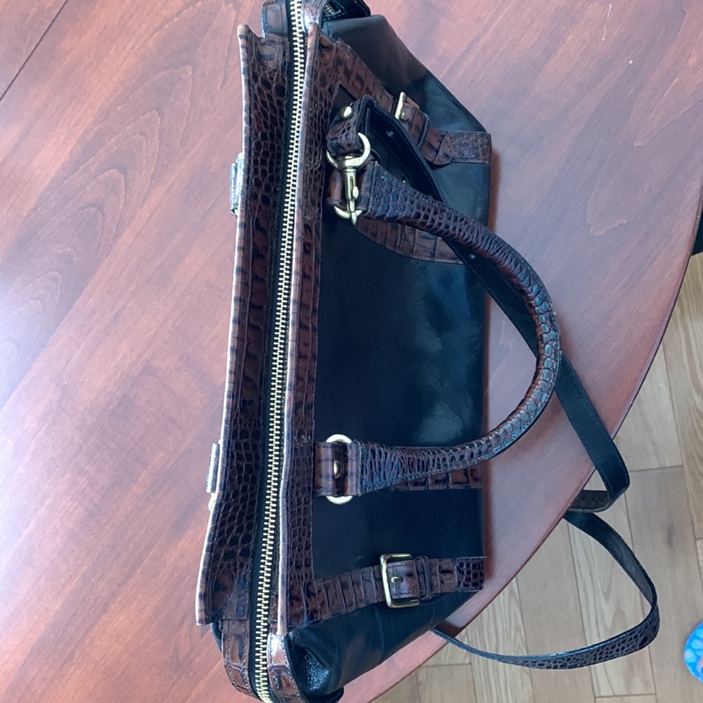 Brahmin leather satchel crossbody black with brown trim - Picture 3 of 8